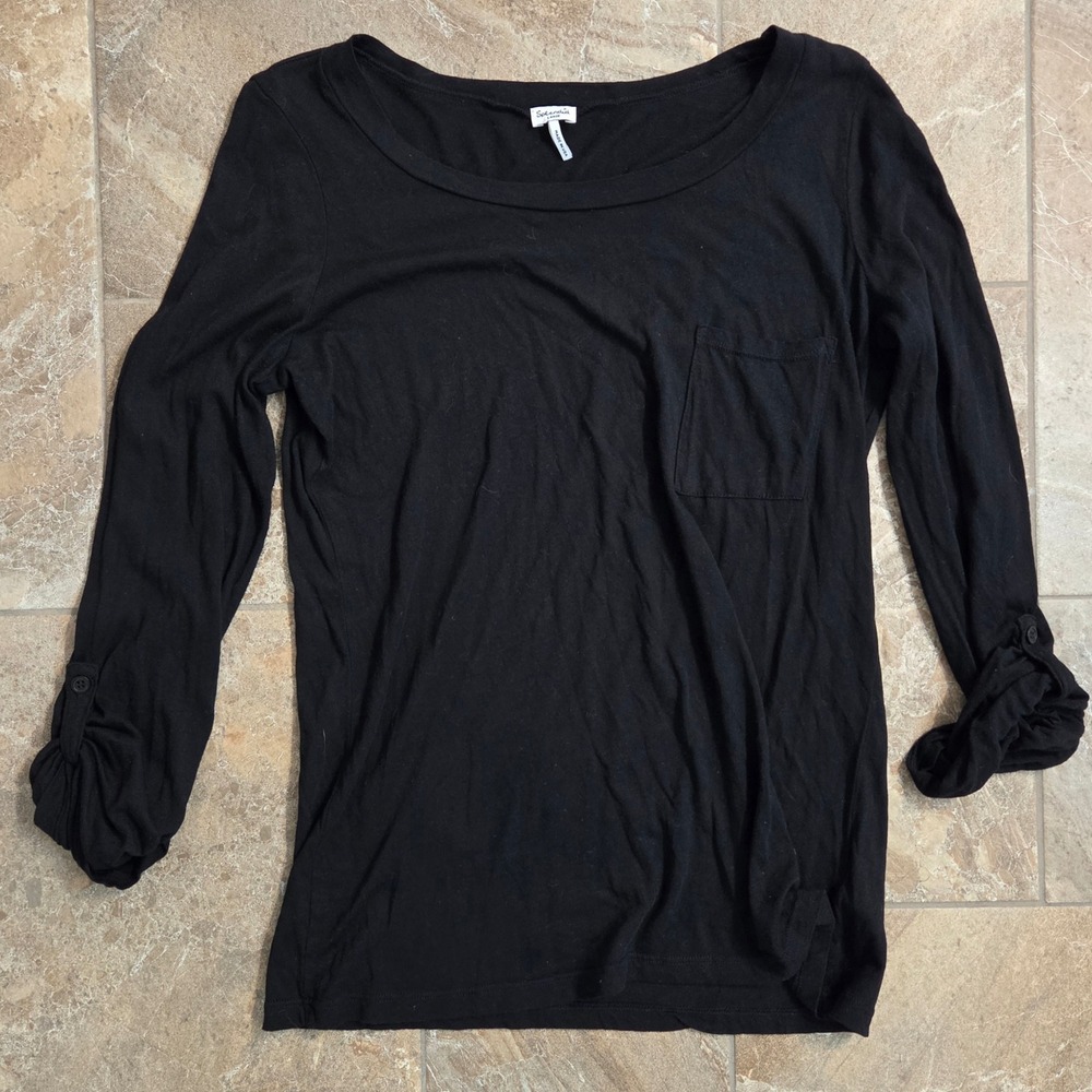 Splendid Black Modal Cotton Roll Tab Sleeve Pocket Tee‎ Women  L